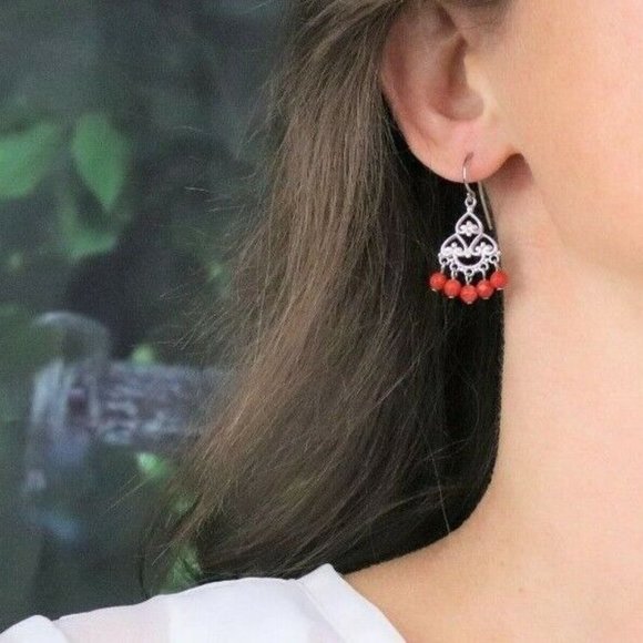 Sterling Silver Rondelle Cut Red Bead Earrings Dangle Drop Earrings - Picture 2 of 7